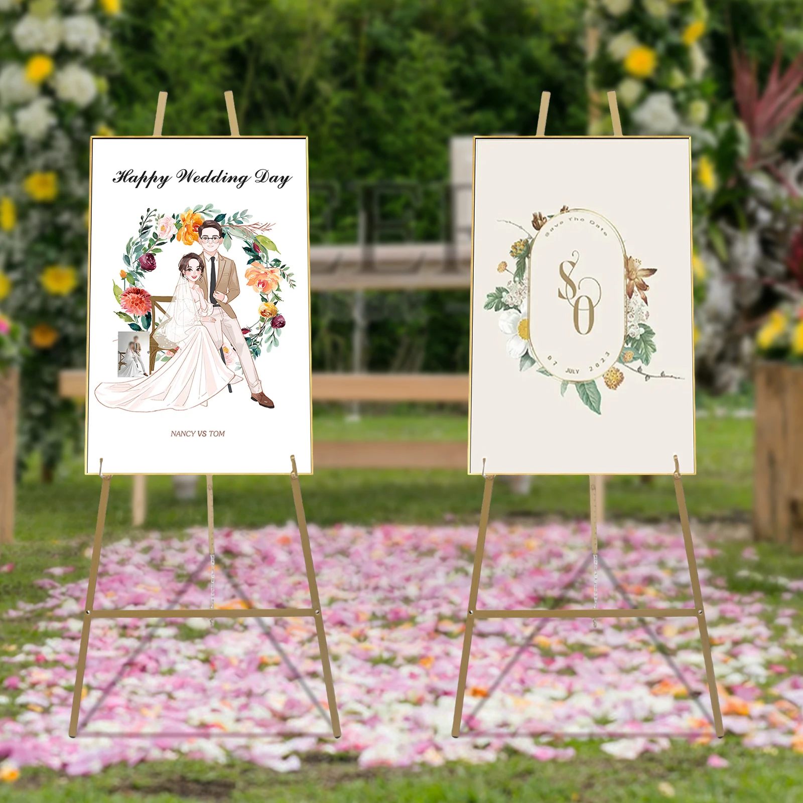 2pcs Gold Wedding Easel Stand Metal Adjustable Height Tripod Poster Board Display Collapse Artist Decorations view 2