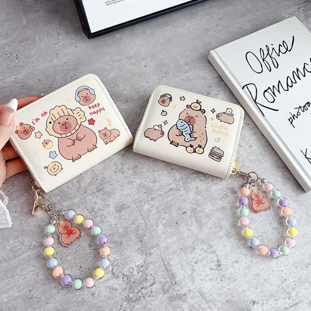 Kawaii PU Leather Coin Purse Capybara Multifunctional Card Holder with Pendant Large Capacity Short Zips Card Wallet Gift