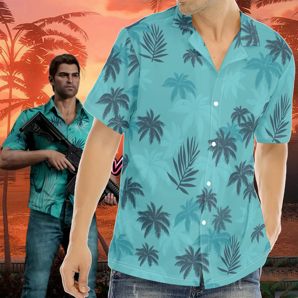 Vice City Tommy Cosplay Costumes Bule T-shirt Hawaiian Style Shirt Game GTA Uniform Halloween Carnival Party Dressing For Men