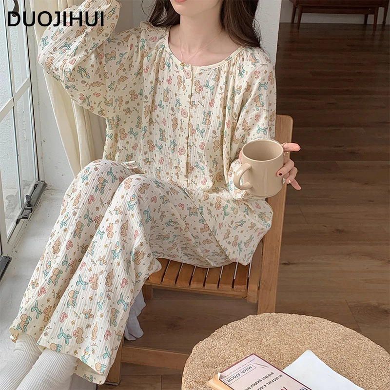 DUOJIHUI-Conjunto bonito de pijama impresso para mulheres, o-pescoço, simples, solto, casual, casa, moda feminina, clássico, 3 cores, novo, outono