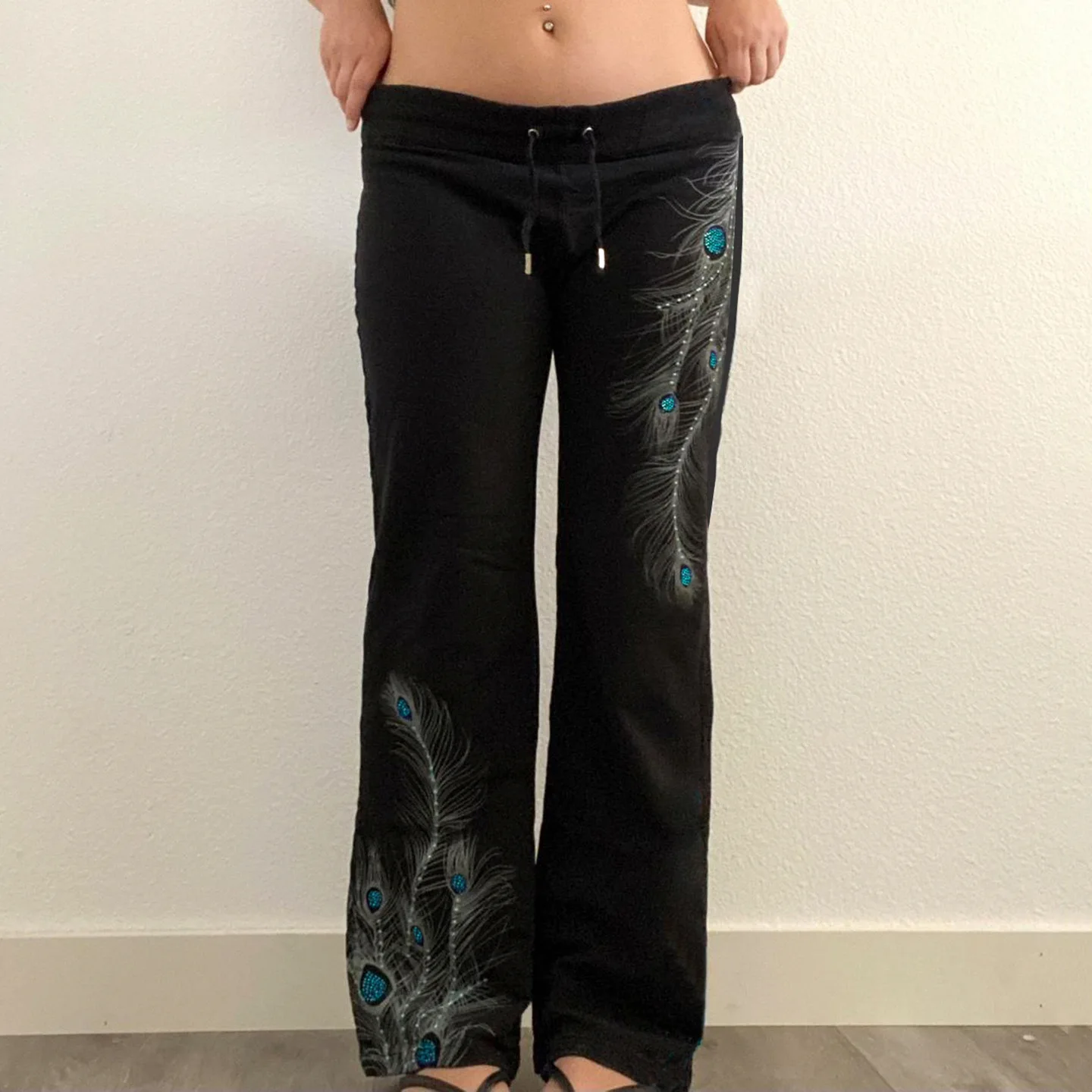 

Y2K Peacock Hair Print Sweatpants European American Casual Comfortable Slim Fit Low Waist Versatile Basic Pants