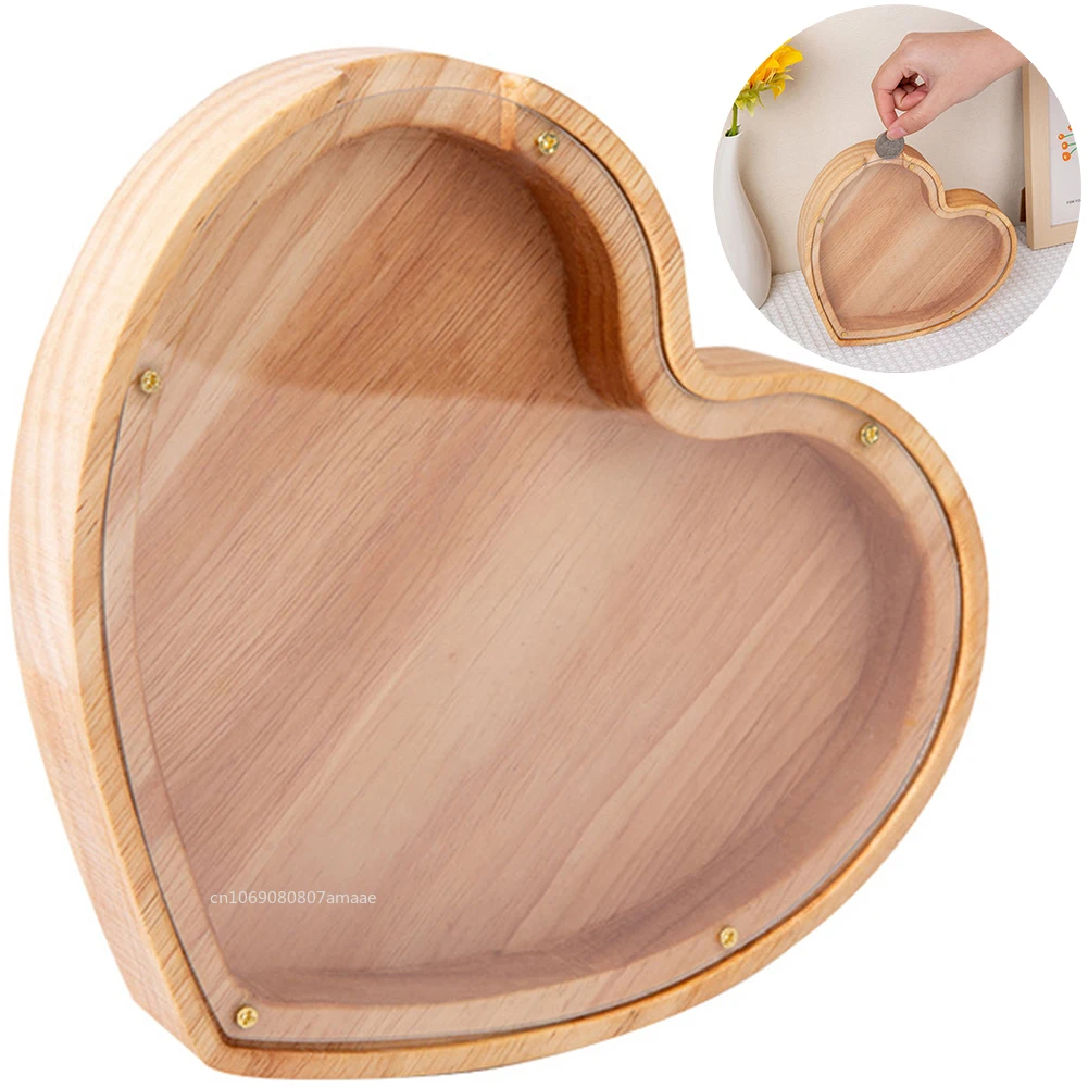 Wooden Piggy Bank Heart Shaped Coin Money Saving Box Jar Coins Storage Box Desktop Ornament Home Decor Crafts Birthday Gift