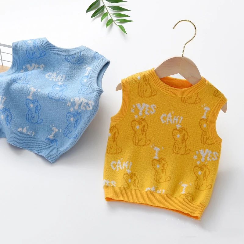 2026 New Blue Boy's Sweater Vest Dog Cartoon Toddler Baby Cotton Vest 1 2 3 4 5 6 7 8 9 10 Years Old Boys Clothes