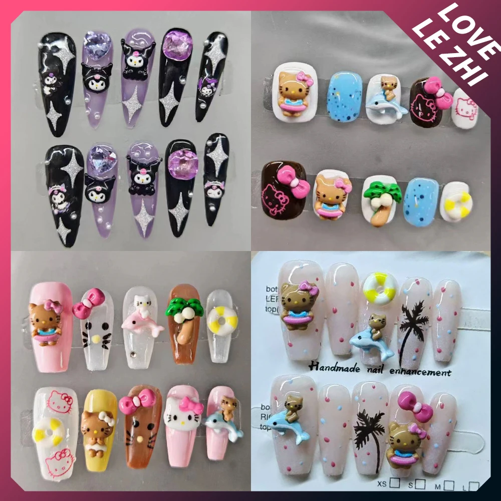 Sanrioed Hawaii Hello Kittys My Melody Handmade Press On Nails Diy Design Cute 3D Kuromi Short Ballet Bow Art Fashion Fake Nail