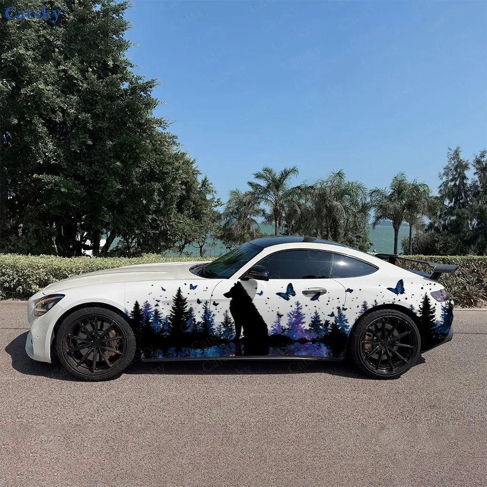 2pcs Wolf Shadow Butterfly Dance, Durable, Fade-resistant, Enhance Vehicle Aesthetics With Bold Artistic Design Car Vinyl Wraps