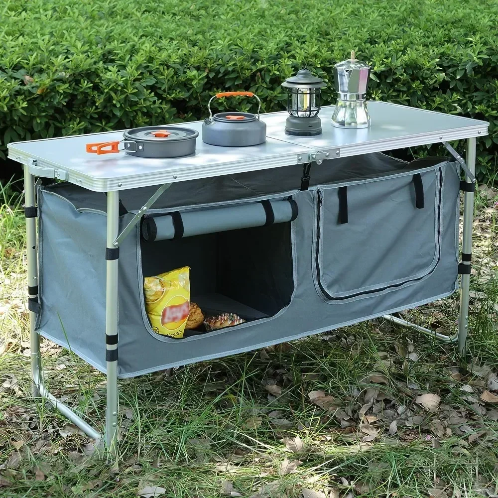 Outdoor Folding Table with Storage Organizer, Portable Composite Panel, Lightweight Table, Adjustable Height, Camping Table