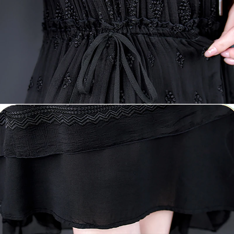 Summer Black Natural Silk Ruffled Collar Midi Dress Women Embroidery Hollow Out Sexy Dress 2024 Korean Vintage Hepburn Vestidos