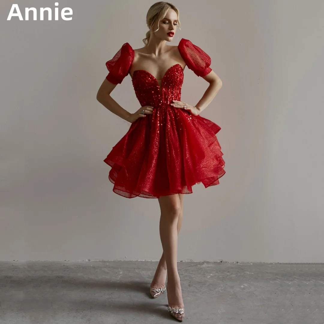 

Annie Red Prom Dresses Sequin Glitter Princess Evening Dresses Short Style Removable Sleeves Party Dress 2024Vestidos De Noche