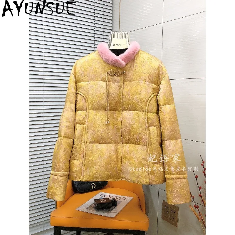 AYUNSUE White Goose Down Jacket Woman Chinese Style Jacquard Warm Outerwears Fashion Mink Fur Collar Jackets Woman Clothes 2026