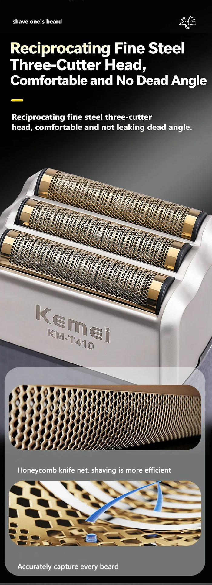Kemei Wiederaufladbarer Kabelloser Rasierer für Männer Dreifachklingiger Wechselrasierer für Bart und Gesicht Multifunktionaler Starker Trimmer KM-T410 – Detail 5