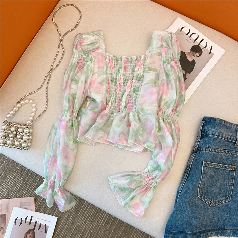 Blouse Women Floral Printed Square Collar Flare Long Sleeve Ruffles Sexy Shirts Sweet Vintage Female Crop Tops Casual