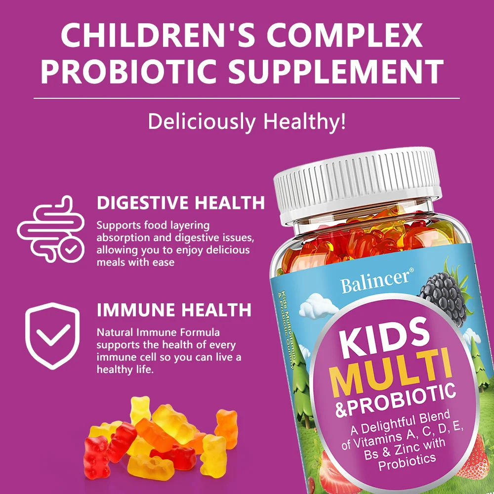 Kids Multivitamin + Probiotic Gummy, Digestive and Immune Support, Vitamins A, D, C, E, B, Zinc, Chewable Supplement, Berry