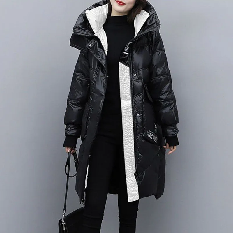 New Fashion Black Bright Face Down Jacket Women Long Winter Warm Hooded Parker Overcoat Snow Female 90% White Duck Down Coat