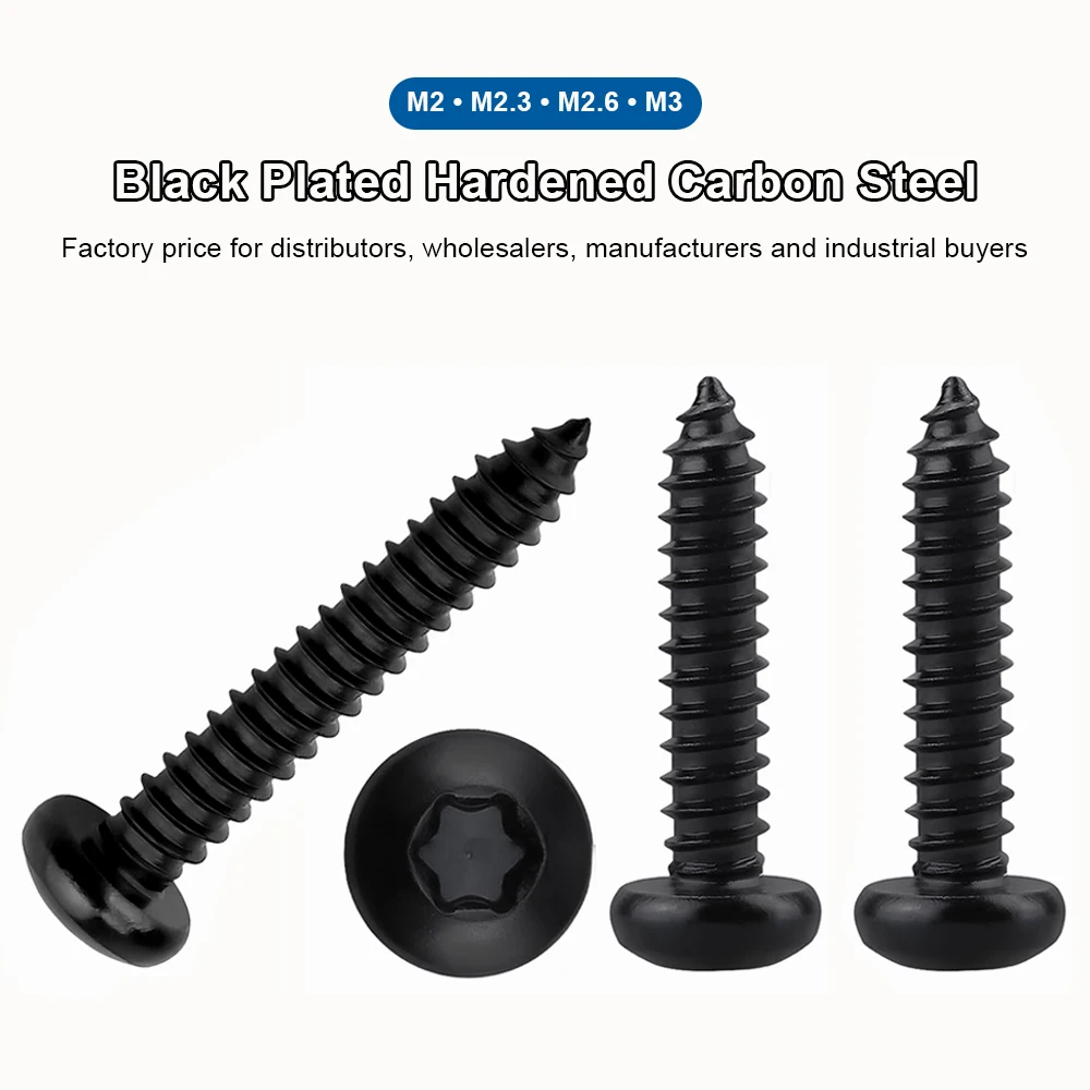 Torx Star Drive Round Head Self Tapping Screws Hardened Black Carbon Steel M2 M2.3 M2.6 M3 Six Lobe Pan Head Screw Used for Wood