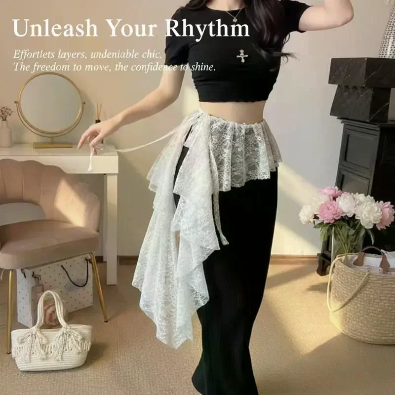 White Lace Ruffle Waist Skirt With Adjustable Tie, Hollow Out Design For Y2K & Daily Casual Wear