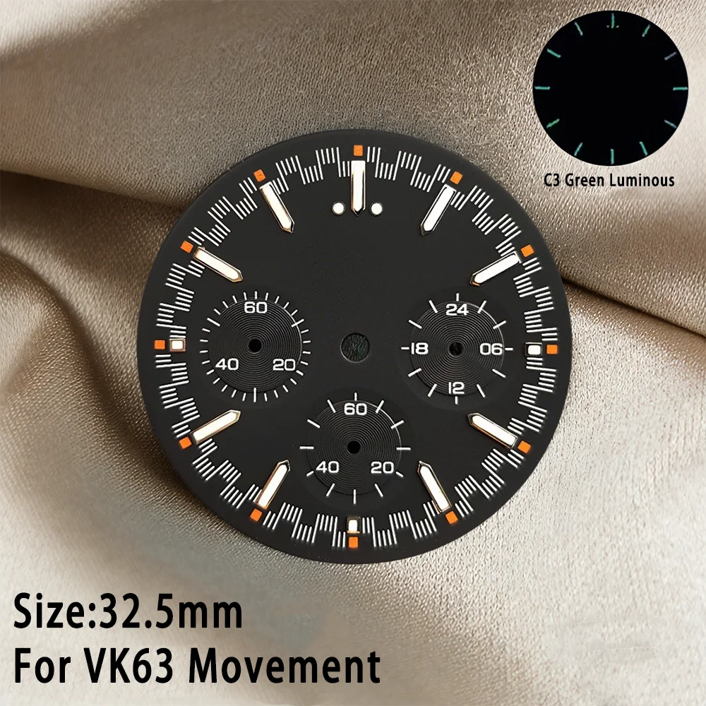 VK63 Dials 32.5mm C3 Green Luminous Suitable For VK63 Quartz Movement Accessories Maintenance Tools 6-Point Watch