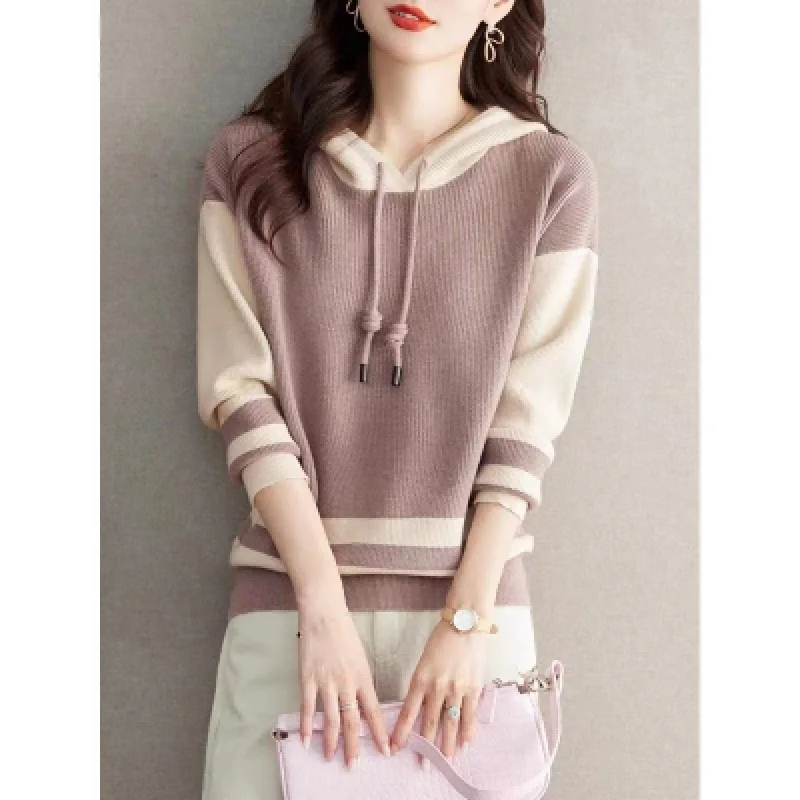 

Hoodies Sweater Women Pullover Hooded Knitting Top Patchwork Drawstring 2025 Autumn Winter Knitted Jumper Office Lady Knitwear