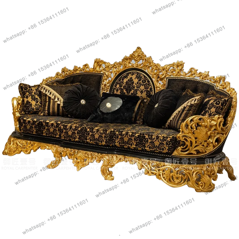 Solid wood carving flower gold large apartment villa living room sofa combination black embroidery fabric