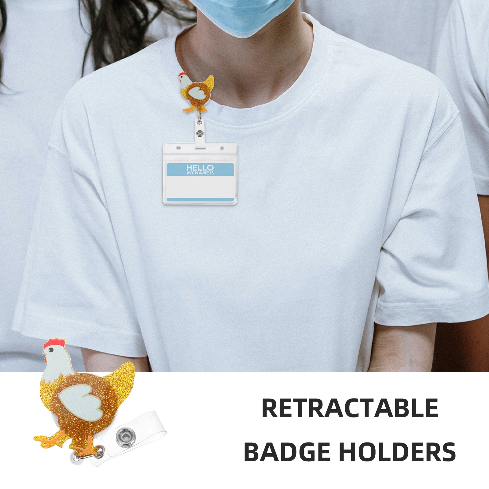 Porta badge retrattile con bobina per badge di pollo, carino e divertente clip a coccodrillo per personale medico da infermiera per insegnanti, studenti infermieristici