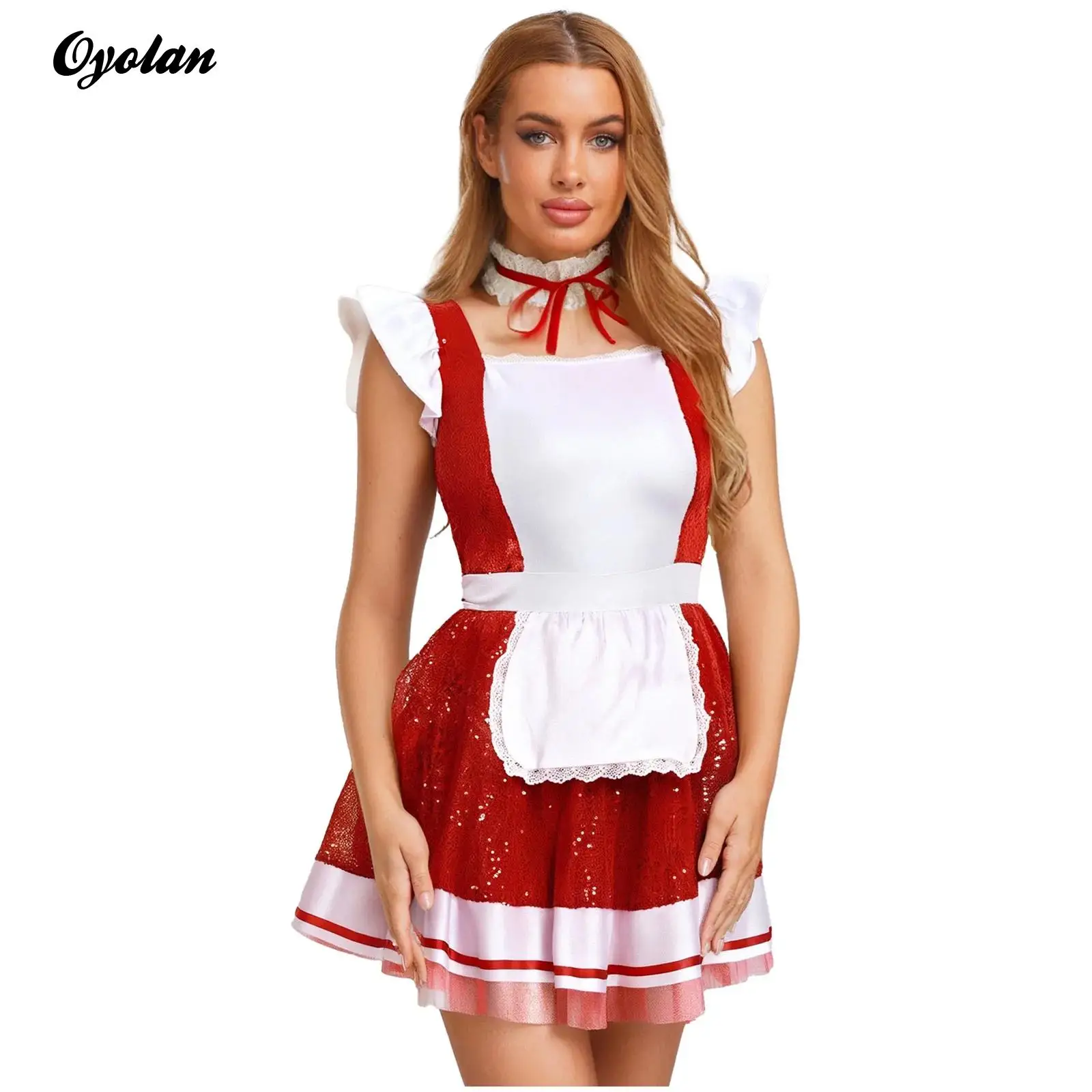 

Womens Sequins Ruffled Lace Trim Apron Tulle Underskirt Lolita Maid Dress And Choker Halloween French Maid Cosplay Costume