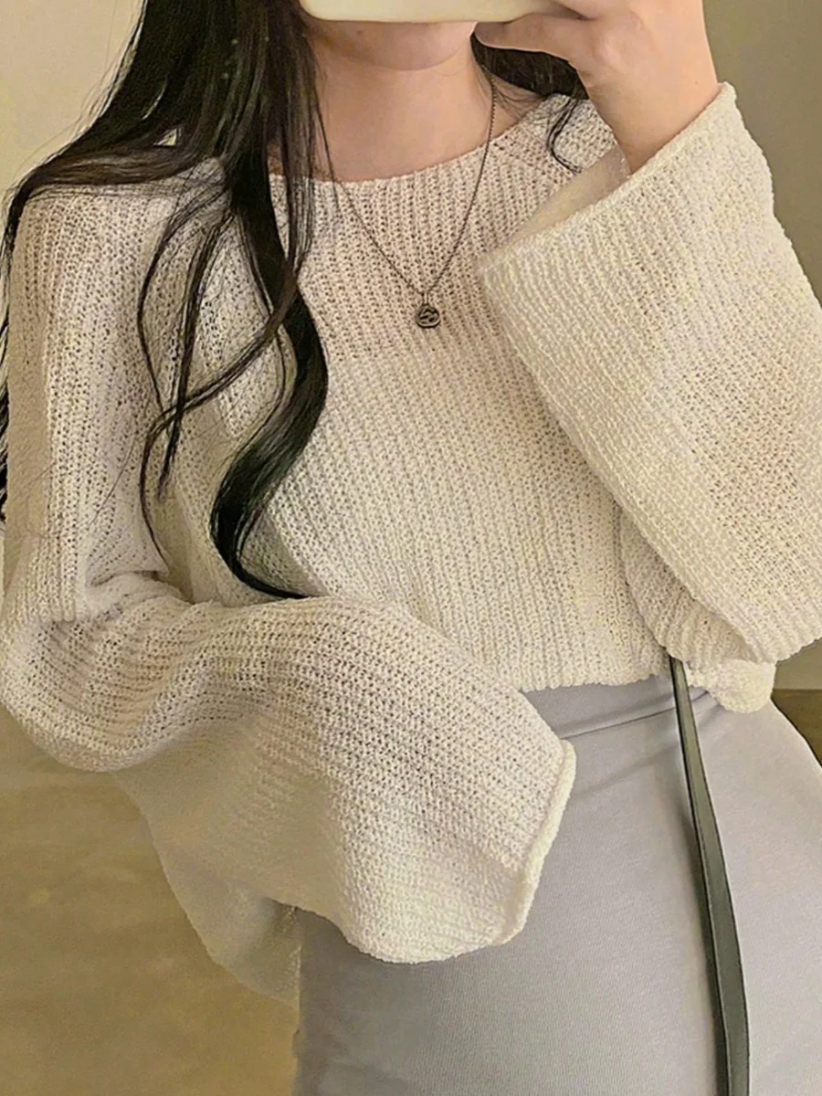 느슨한 긴 소매 라운드 넥 니트 스웨터 솔리드 컬러 여성 패션 봄 여름 동대 게이트 스타일 다목적 기본 탑