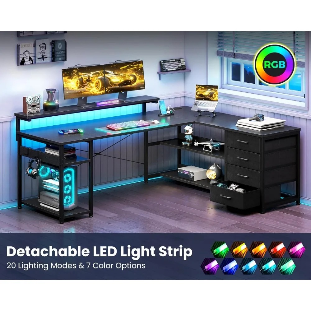 L-Shaped Desk with Drawers, Power Outlets, LED Lights, Reversible Corner Desk for Home Office Gaming and Computer Use