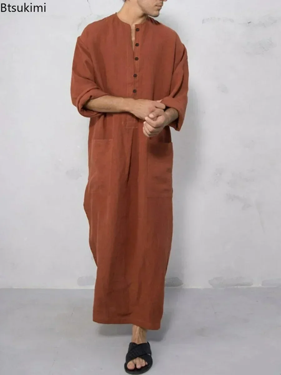 Robes musulmanes ethniques pour hommes, col Henry, manches longues, bouton vers le bas, décontracté, document solide, islamique, arabe, dubaï, Jubba Thobe, mode, nouveau, 2025