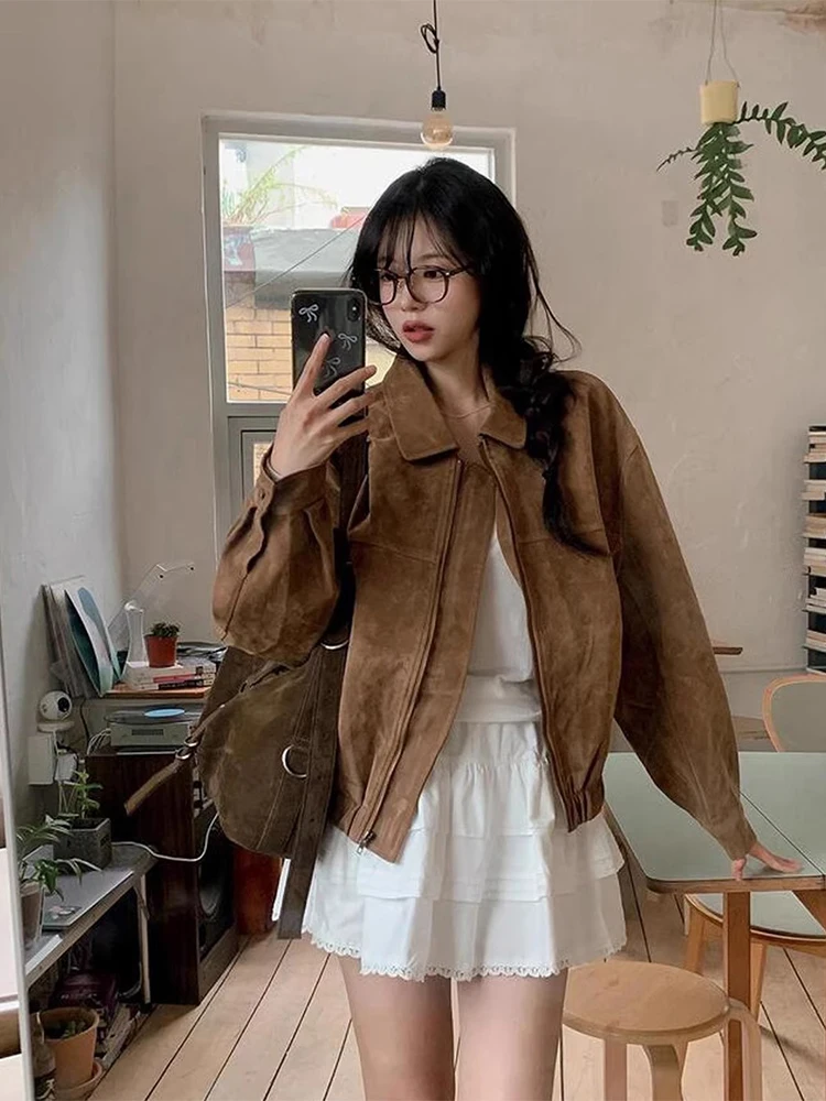 

Sli Retro Brown Deer Skin Velvet Baseball Jaet Women's Motorcycle Outerwear Autumn Faion Ladies' ort Coat