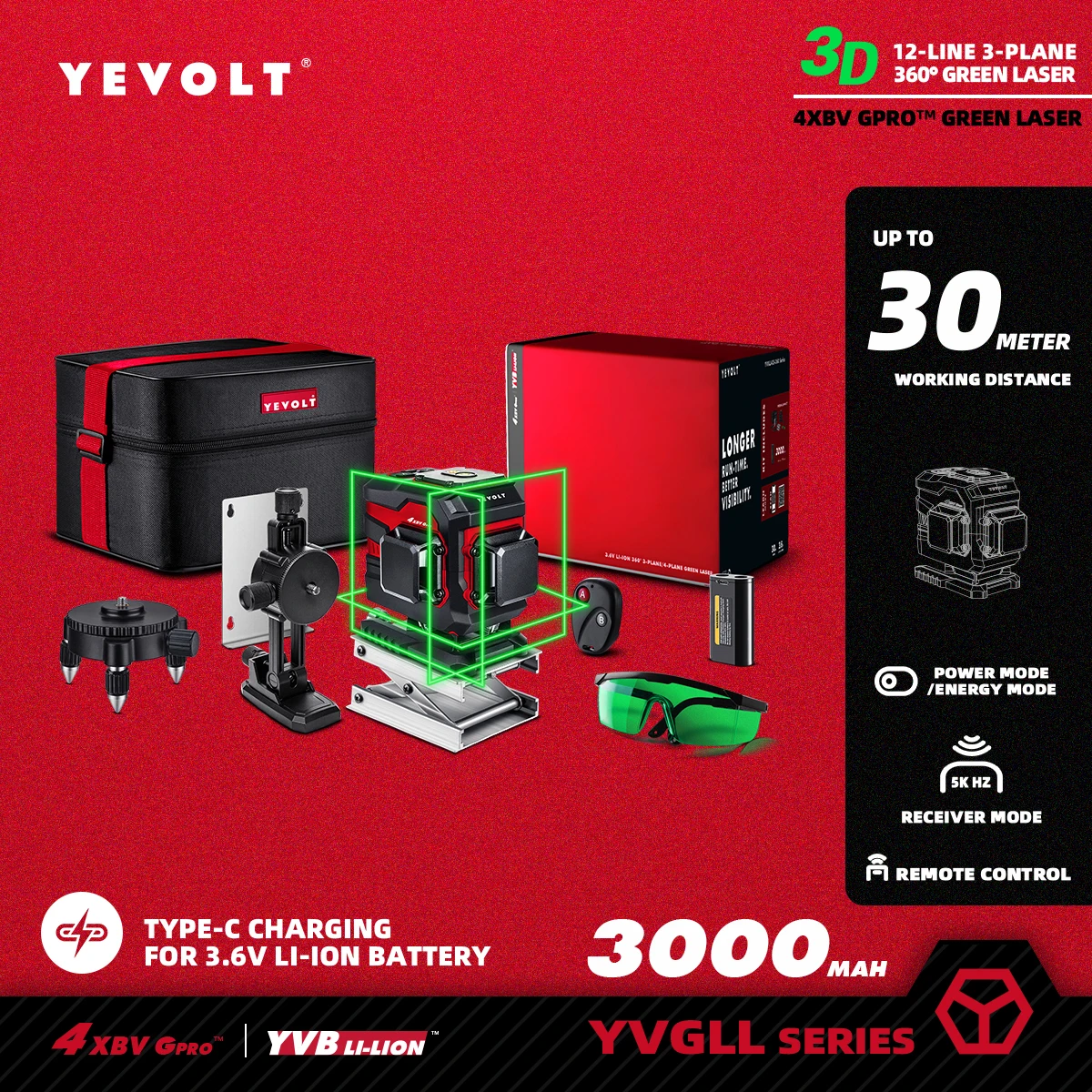 YEVOLT Green Laser Level YVGLL4XS12T-Series 3-Plane 12-Line Self-leveling 360 3D Horizontal & Vertical Power Measuring Tools