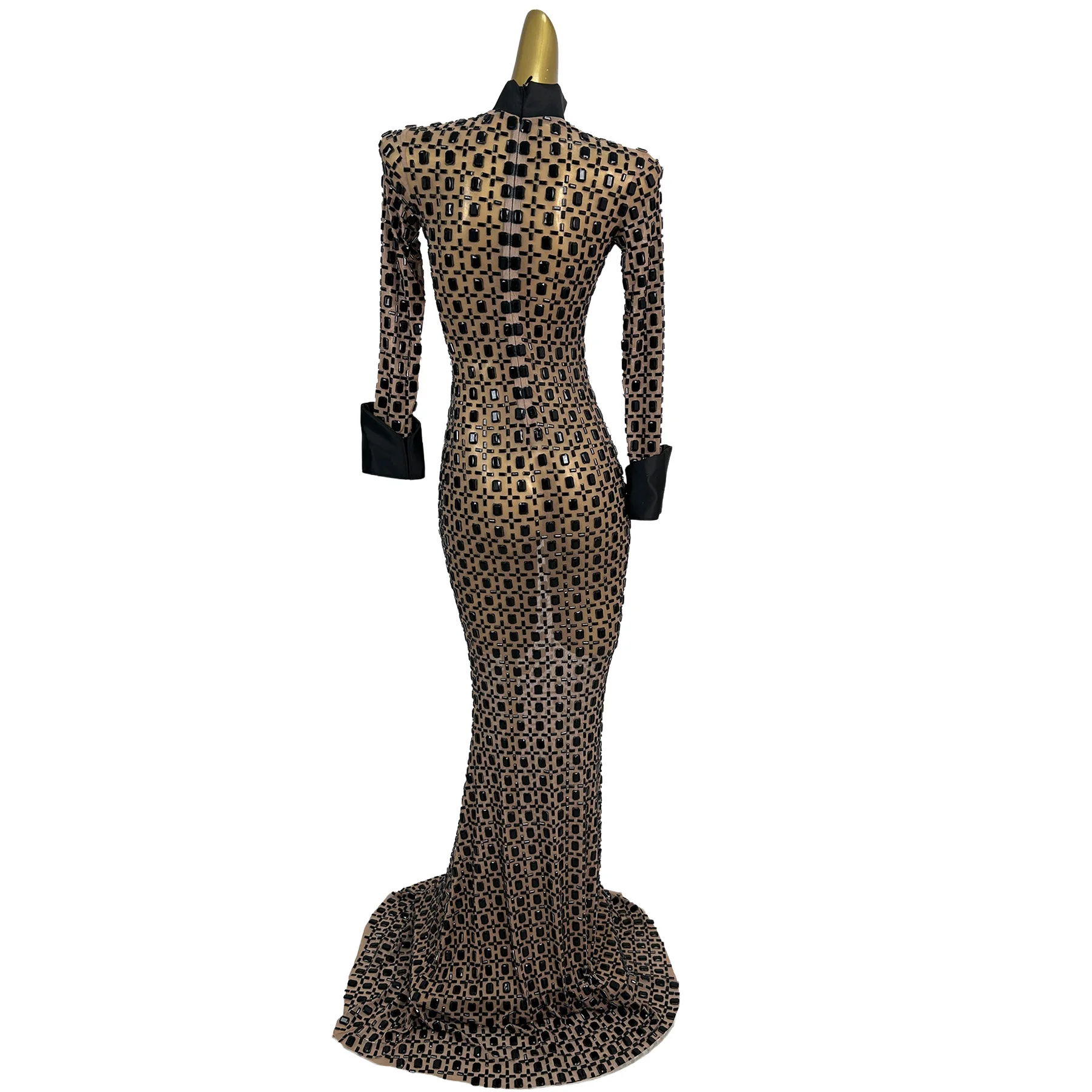 Sexy Sparkly Rhinestone Black Sheer Mesh Mermaid Gown Long Sleeve High Neck V-Cut Trailing Red Carpet Gala Formal Evening Dress