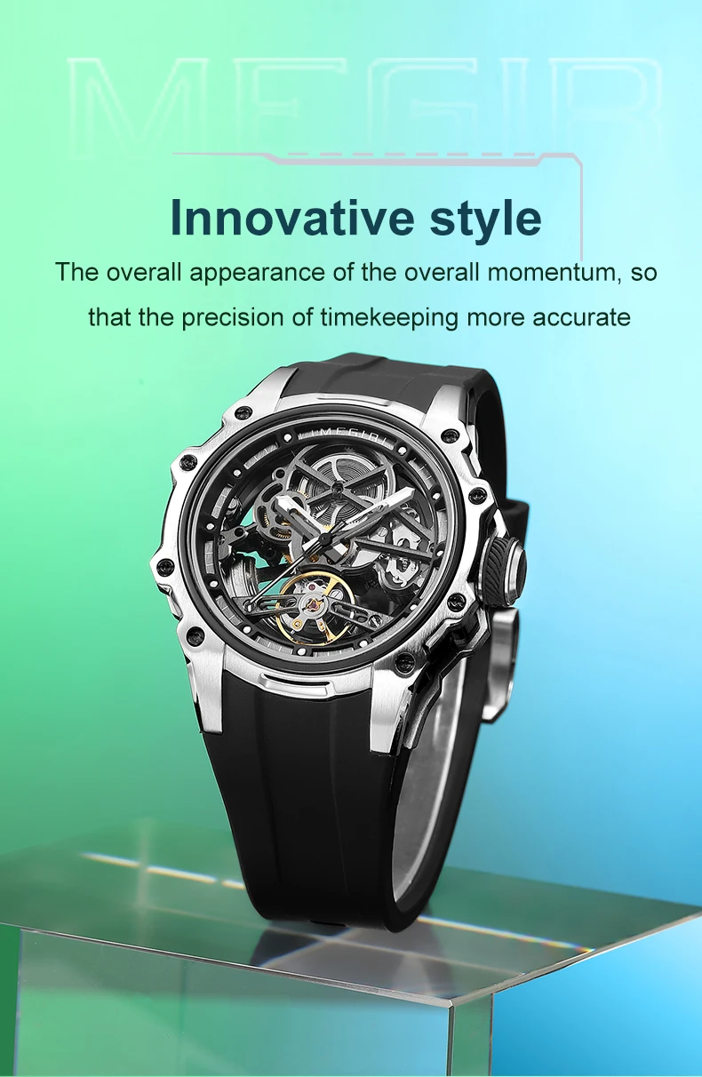 MEGIR Skeleton Dial Automatische Mechanische Uhr Männer Edelstahl Gehäuse Wasserdicht Leuchtende Sport Armbanduhr mit Silikon Armband – Detail 3