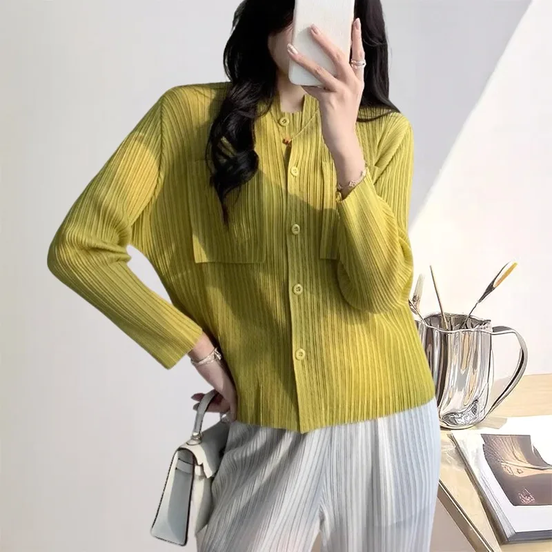 

Miyake плиссированная женская рубашка с длинными рукавами, однобортные топы, весна-осень, новая эластичная футболка, кардиган, карманный дизайн