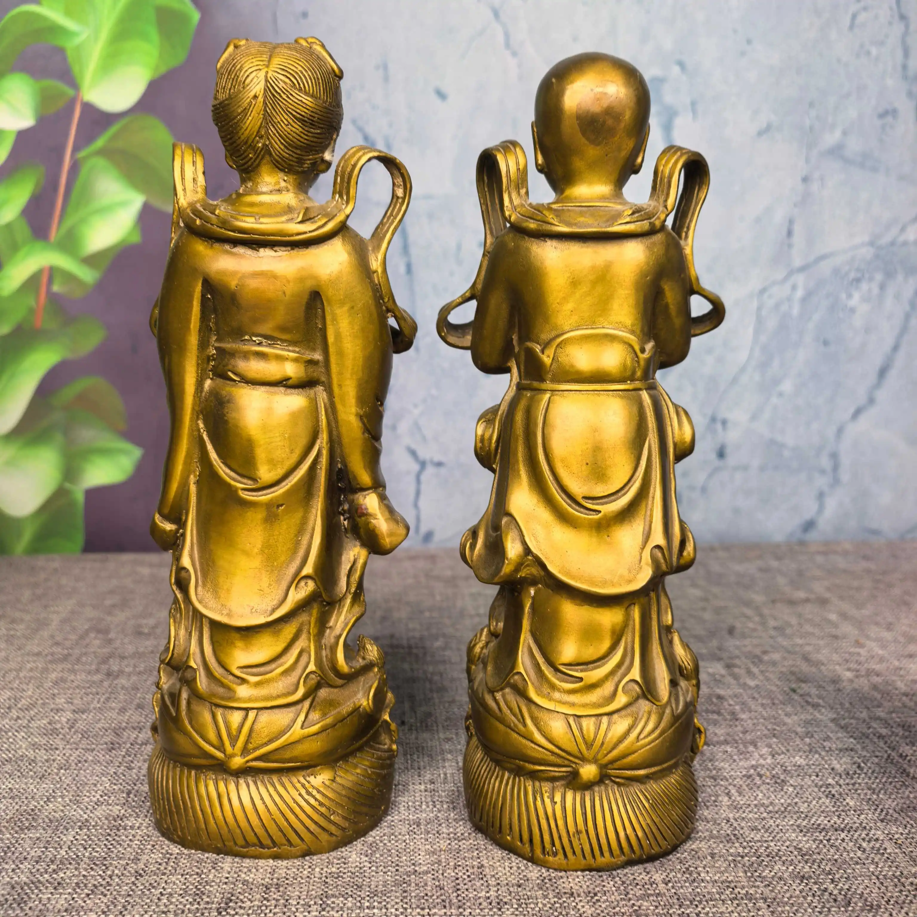 Old Brass golden boy and jade girl statue Lotus base Standing Buddha screen Study desktop Amass wealth Ornaments
