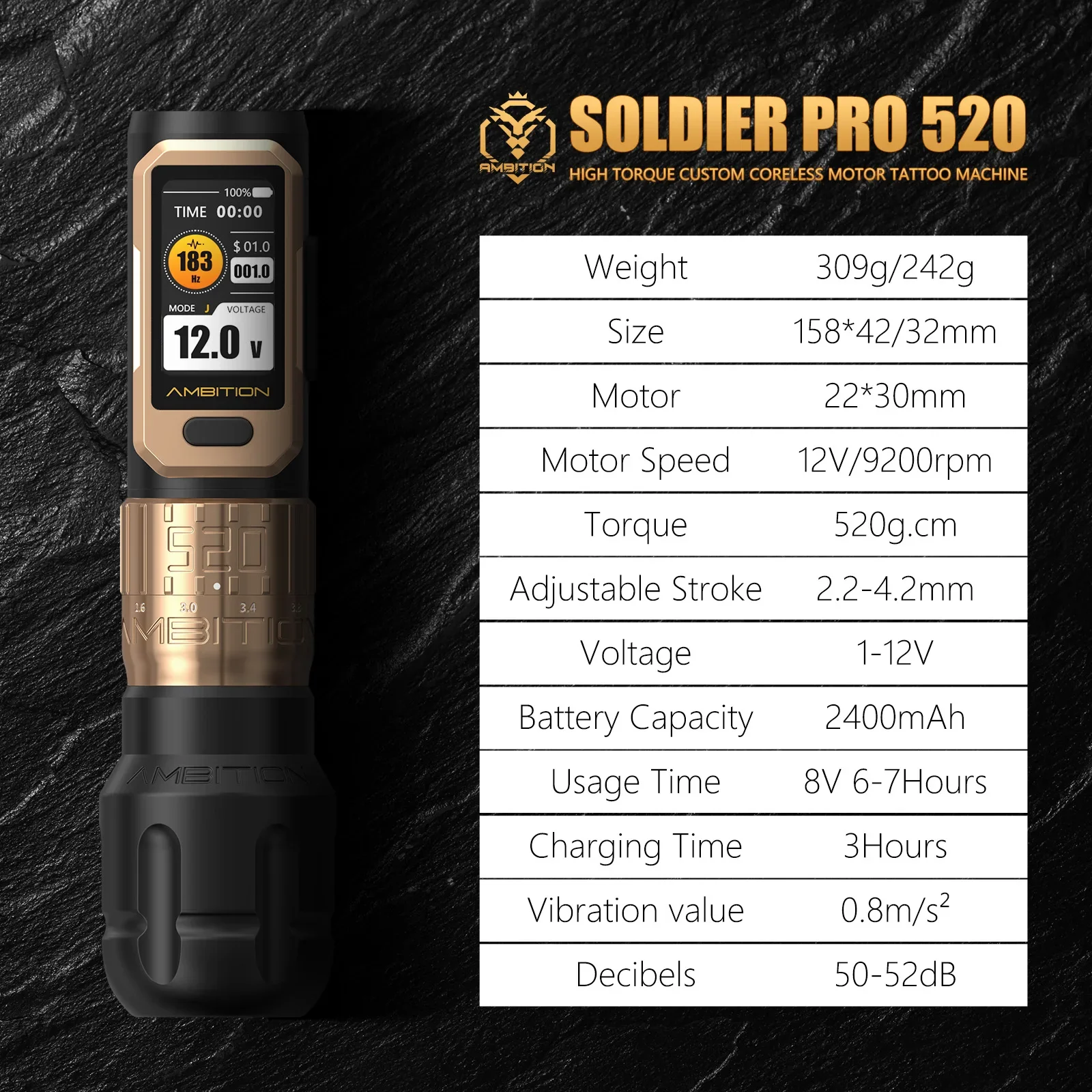 Ambition Soldier Pro 520 Wireless Tattoo Machine Adjustable Stroke 2.2-4.2mm Tattoo Pen Torque 520g.cm Coreless Motor 2400mAh