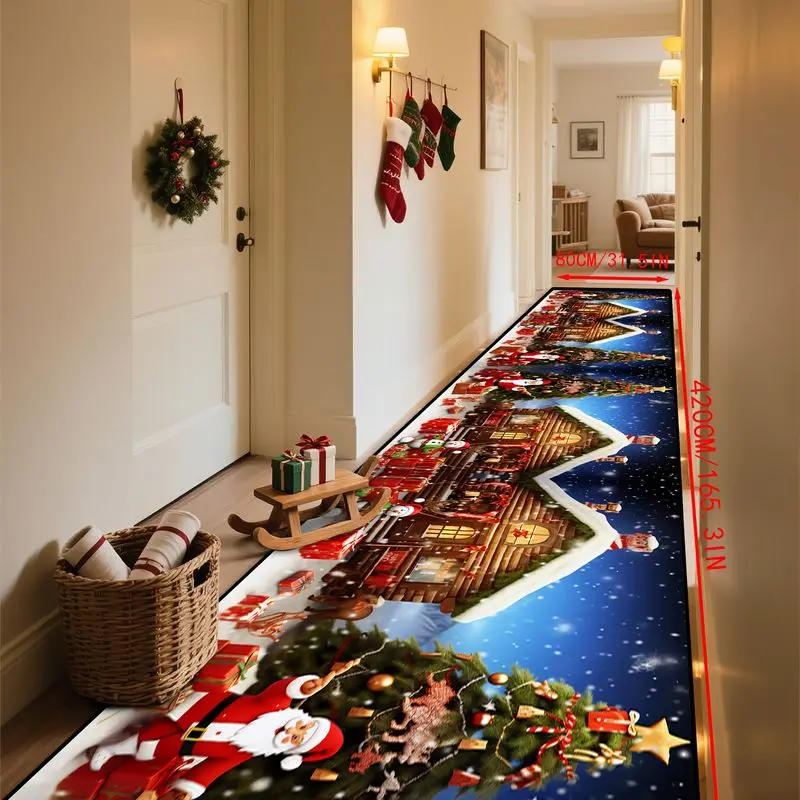 VIKAMA Christmas Santa Cottage Scene Runner Rug Non Slip Wear Resistant Floor Mat For Hallway Entry Christmas Home Decor
