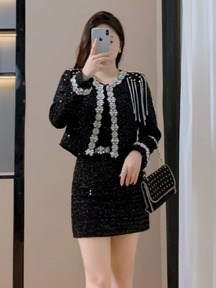 

Высококачественные французские маленькие ароматные твидовые комплекты из двух предметов для женщин, модная роскошная куртка, пальто + мини-юбка, комплект из 2 предметов, наряды