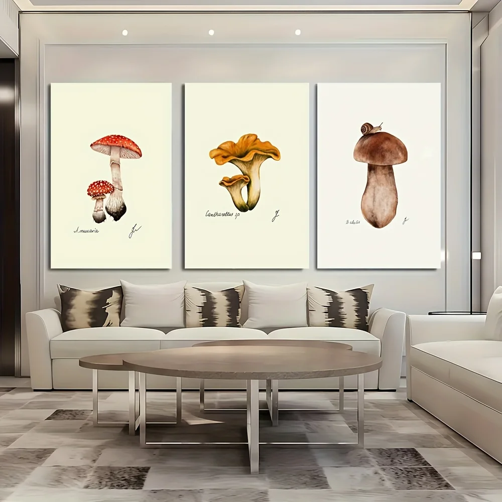 2D Flat, 2D Flat, Set of 3 Mushroom Canvas Art Prints - Bohemian Design, No Frame Wall Decoration for Living Room, Kitchen, O