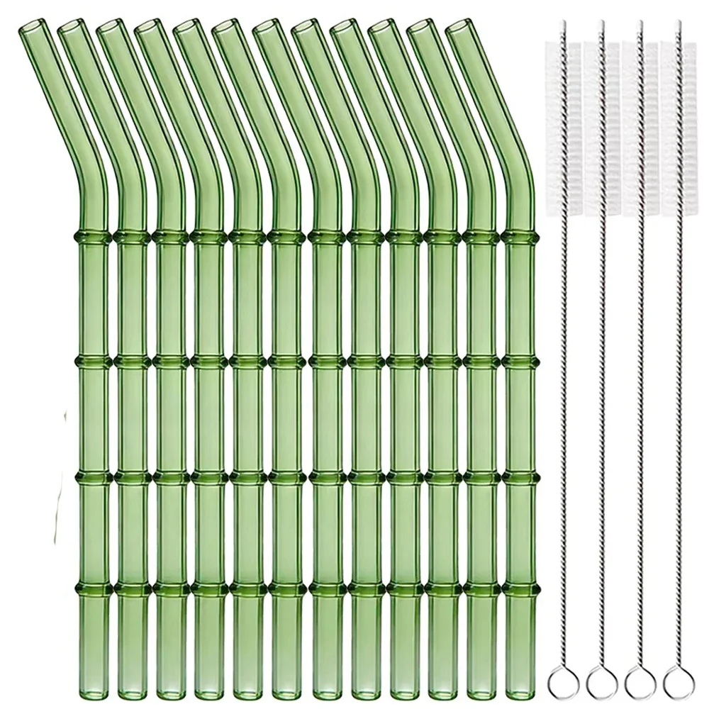 12 Stück wiederverwendbare Glasstrohhalme mit Bürste, grünes, bambusförmiges Strohhalm-Set, geeignet für Milchshakes, Säfte, Kaffee, Bar-Zubehör