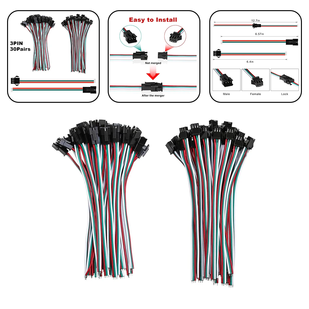 For LED Lighting Solutions 30Pairs For JST SM 3Pin Connectors with Flexible 15cm Wires for Simple Connectivity