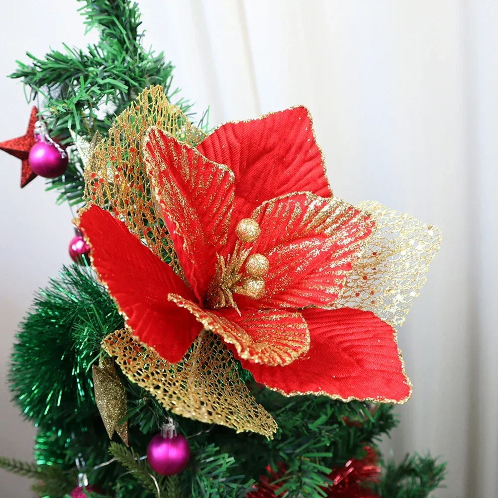 

27CM Glittery Christmas Flowers Simulation Sequin Floral Xmas Tree Decor Cloth Flowers Christmas Party Home Decorative Ornament