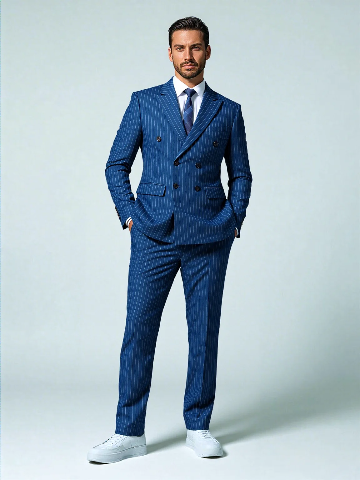 

Casual Fashion Business for Men 2 Pieces Stripe Suits Blazer Jacket and Pants Double Breasted Gentleman Male Men Clothing