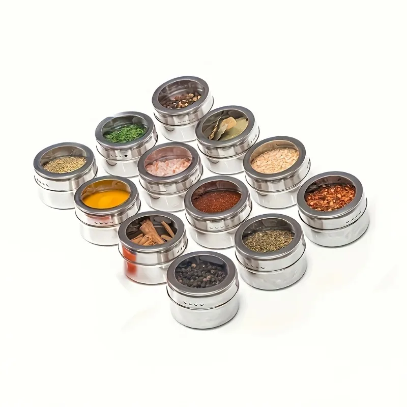 12pcs Magnetic Seasoning Jars with Base Seasoning Jar & Visible Window Stainless Steel Spice Containers Kitchen Accessories Set