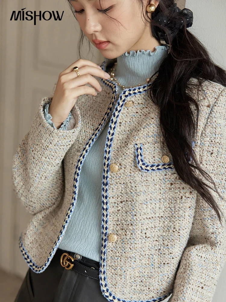 MISHOW French Plaid Tweed Jacket Women Wool O-Neck Jacket 2024 Winter Fragrant Jackets Single Breasted Tops Outwear MXD48W0563