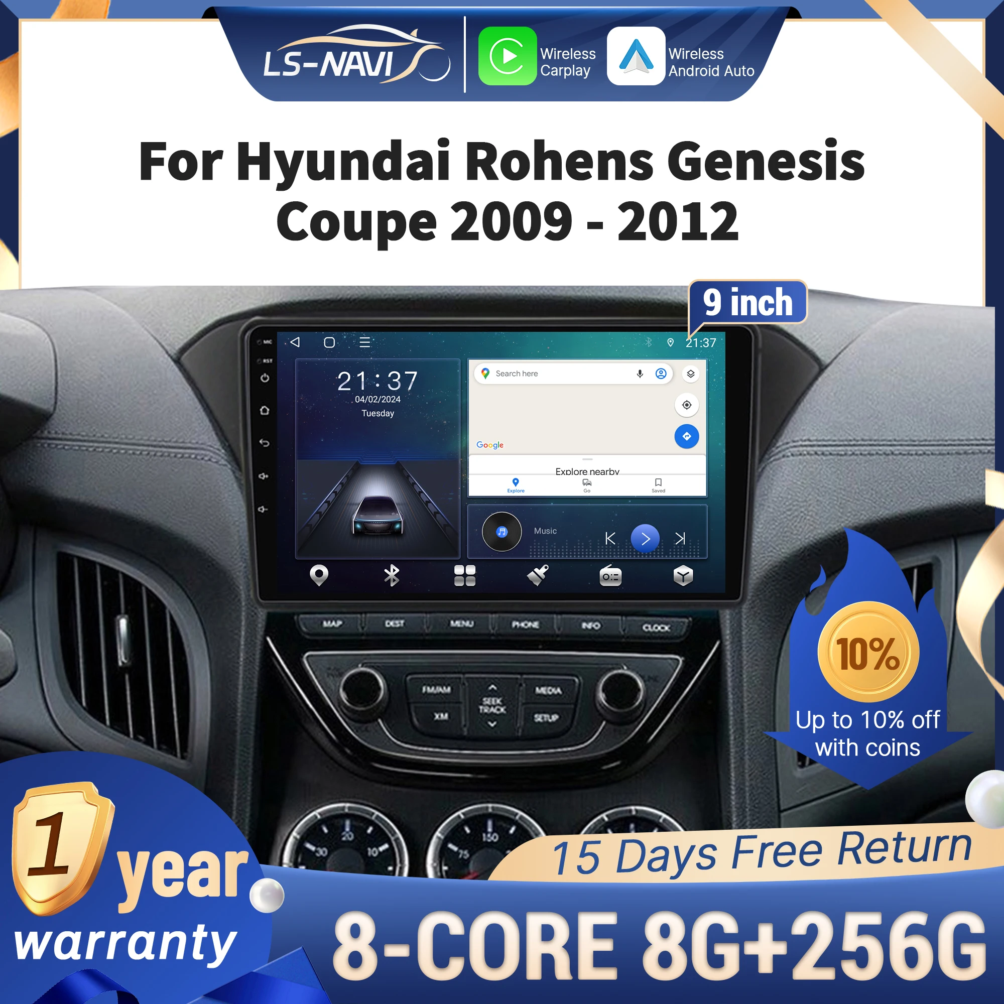 لشركة هيونداي روهينز جينيسيس كوبيه 2009-2012 راديو السيارة الوسائط المتعددة الملاحة لتحديد المواقع اللاسلكية CarPlay 4G رئيس وحدة ستيريو شاشة تعمل باللمس