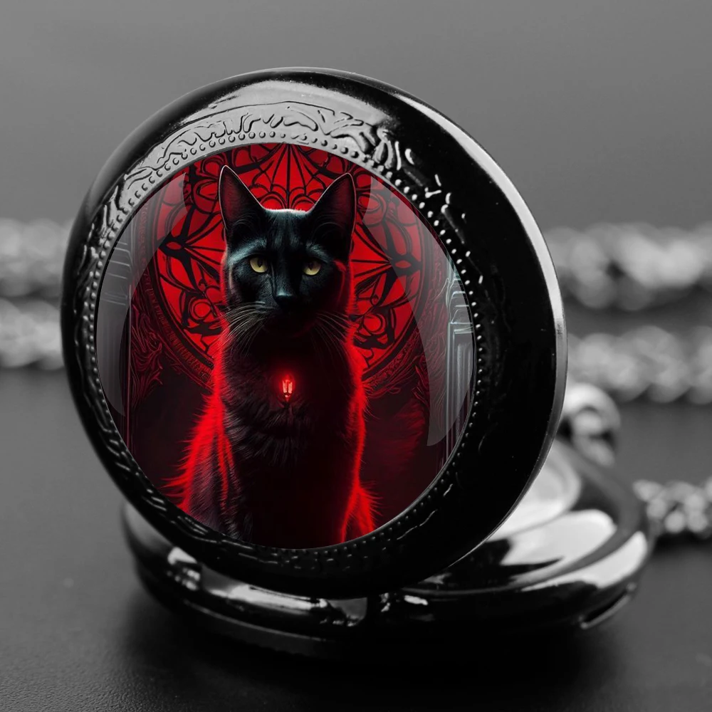 

Fashion Black Cat Quarzt Pocket Watch with Chain Necklace Vintage Quartz Pendant Watches Clock Chain Mens Women