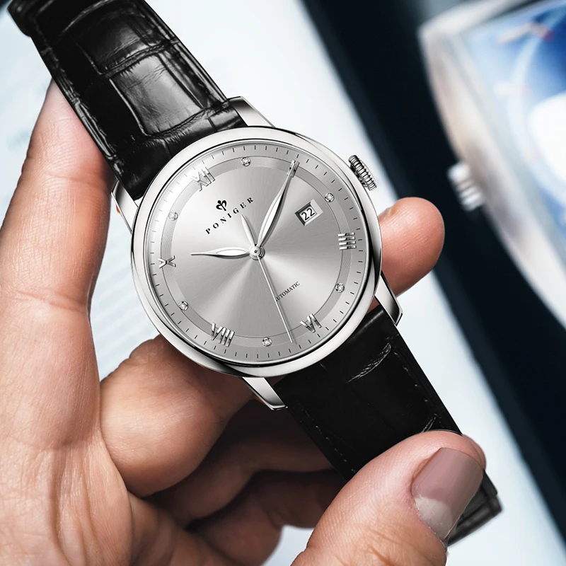 PONIGER Fashion Men's Designer Waterproof Watch Rose Gold Luminous Hand Automatic Wrist Watches For Men Leather