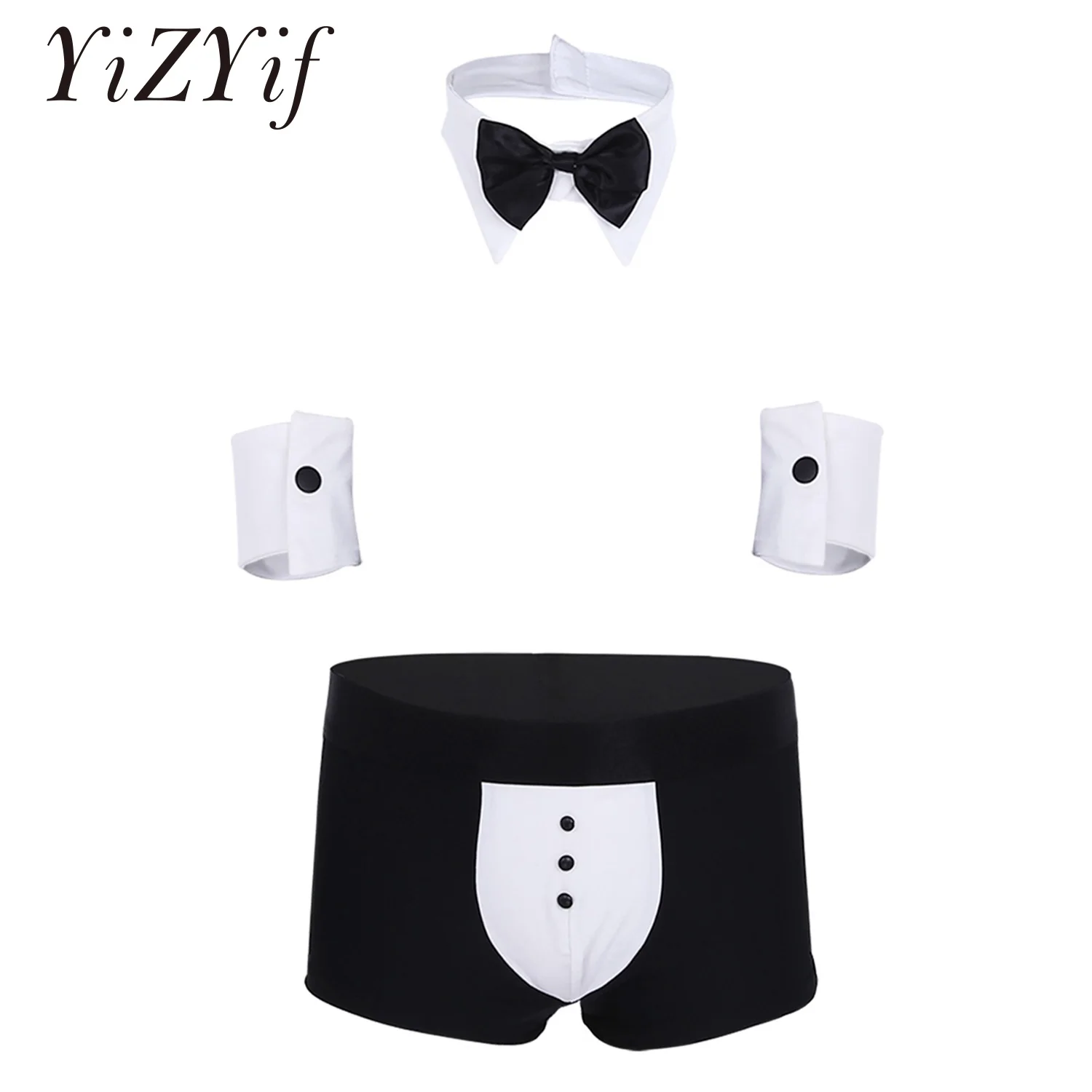 

YiZYiF Boxer Set Waiter Sexy Tuxedo Shorts Gay Underwear Panties Bow Tie Collar Bracelets Gay Men Lingerie Boxershorts