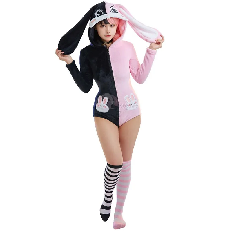 Anime Maid Cosplay Costumes Women Sexy Coral fleece Hooded Bodysuit Socks Suit Bunny Girl Kawaii Plush Pajamas Cartoon Jumpsuit