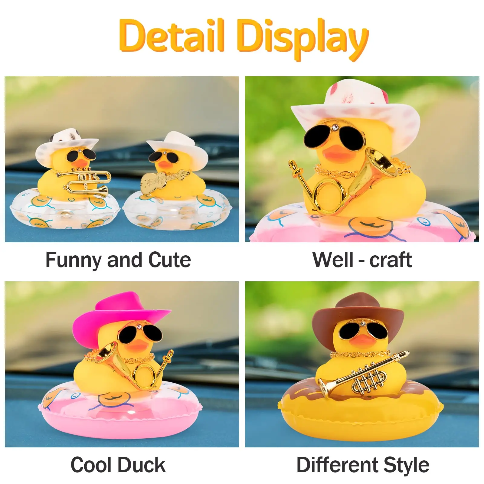 Car Duck Ornament Dashboard Decorations for Car Rubber Accessories with Sunglasses Hat Necklace Swim Ring and Mini Musical Instr