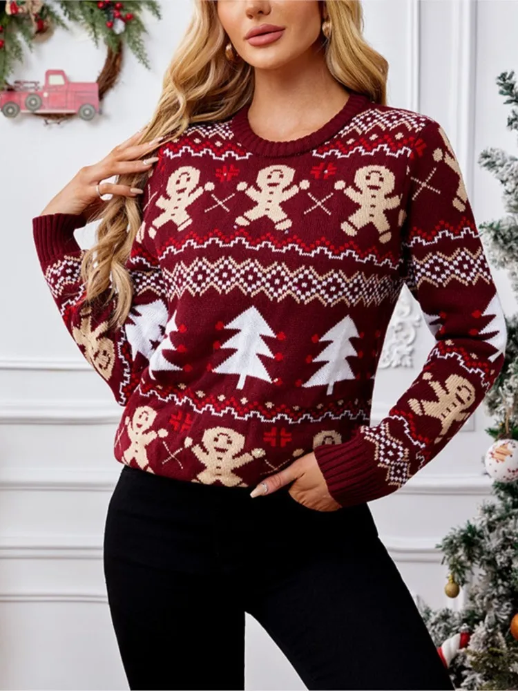 

Women's New Christmas Sweater Autumn Winter Jacquard Print Long Sleeve O Neck Casual Knitting Merry Xmas Female Pullover Sweater